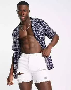 Синяя рубашка с принтом New Look и воротником-стойкой New Look