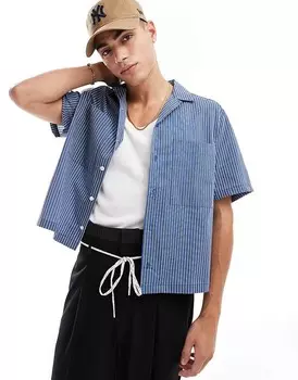 Синяя рубашка свободного кроя в полоску с передними карманами ASOS DESIGN