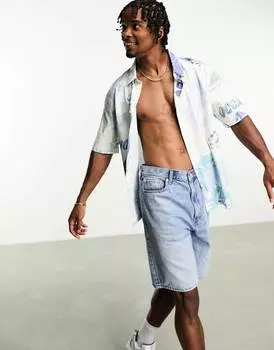 Синяя рубашка в деревенском стиле с абстрактным принтом Bershka