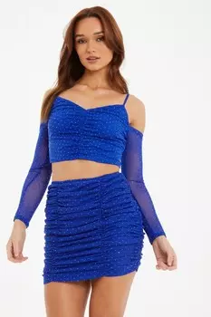 Синяя сетчатая мини-юбка со стразами QUIZ Clothing