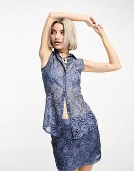 Синяя сетчатая рубашка без рукавов с текстурированным цветочным принтом Tammy Girl