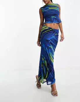 Синяя сетчатая юбка макси с заниженной талией и принтом ASOS DESIGN
