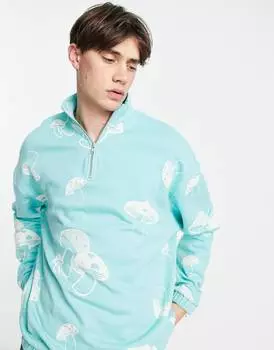 Синяя толстовка оверсайз на молнии с молнией до середины бедра ASOS DESIGN co-ord с принтом в виде грибов по всей поверхности