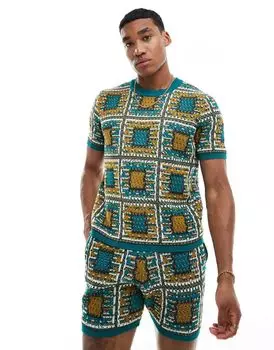 Синяя трикотажная футболка с круглым вырезом ASOS DESIGN в стиле пэчворк — часть комплекта