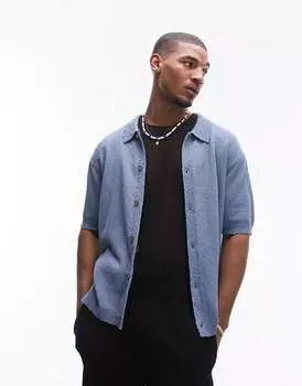 Синяя трикотажная рубашка-поло со сборками и планкой на пуговицах Topman