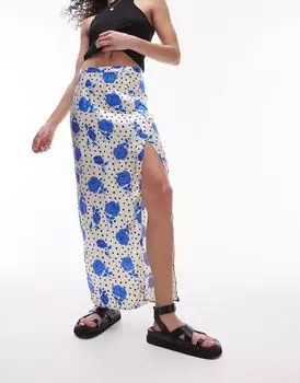 Синяя юбка миди с разрезом и цветочным принтом Topshop