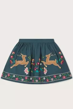 Синяя юбка с аппликацией в виде оленей и цветов Monsoon, синий