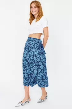 Синяя юбка с цветочным узором Trendyol, синий
