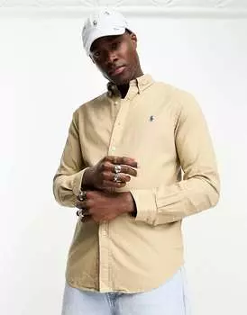 Синяя узкая оксфордская рубашка приталенного кроя с логотипом Polo Ralph Lauren, окрашенная в готовом виде