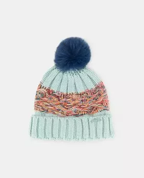 Синяя вязаная шапка с деталями и помпоном из искусственного меха Jo & Mr. Joe, синий