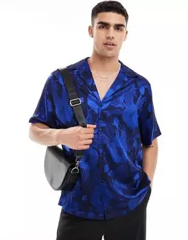 Синяя жаккардовая рубашка свободного кроя с короткими рукавами ASOS DESIGN