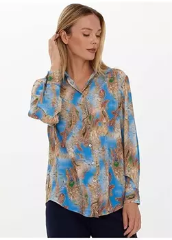 Синяя женская блузка с круглым вырезом на пуговицах и принтом Selen