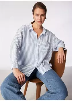Синяя женская льняная рубашка в широкую полоску SPBF4SL-GML5579 People By Fabrika, синий