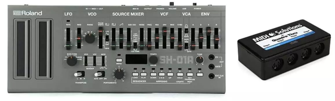 Синтезатор серии Boutique Roland SH-01A с набором секвенсора и MIDI-решениями MultiVoltage Quadra Thru 1-in 4-out MIDI Through Box MIDI Solutions + Roland QuadraThru=1 SH-01A=1