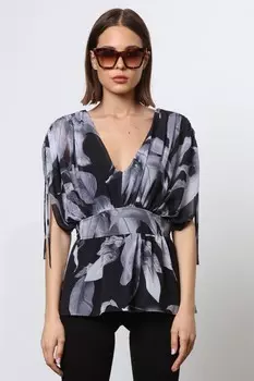 Сияющий топ с V-образным вырезом и присборенными рукавами Religion, черный