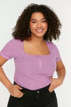 Сиреневая трикотажная блузка с квадратным вырезом и молнией Trendyol, фиолетовый