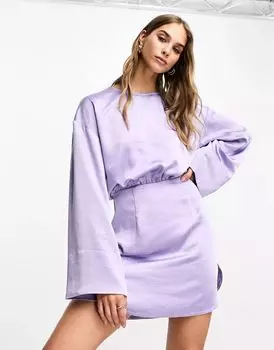 Сиреневое атласное мини-платье ASOS с круглым вырезом, изогнутым краем и широкими манжетами