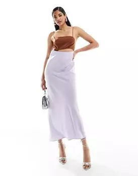 Сиреневое атласное платье миди с вырезом и шоколадным лифом ASOS