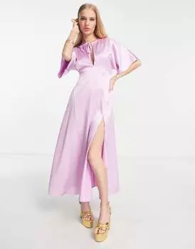 Сиреневое атласное платье миди со вставками и вырезом \"капля\" ASOS DESIGN