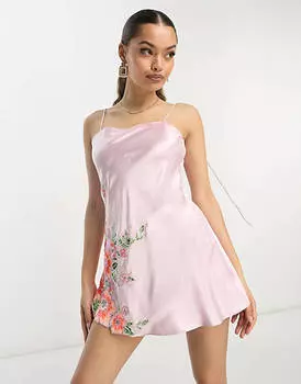 Сиреневое атласное платье мини с цветочной аппликацией ASOS DESIGN Petite