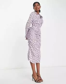 Сиреневое атласное платье-рубашка ASOS со сборками на талии и цветочным принтом