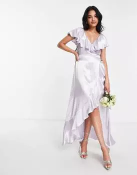 Сиреневое атласное платье с запахом и оборками Topshop bridesmaid