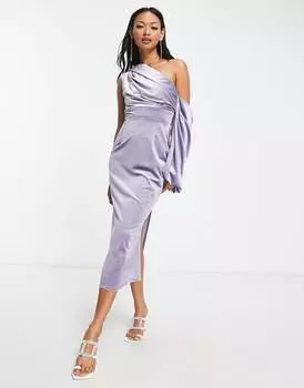 Сиреневое бархатное платье миди на одно плечо с драпировкой ASOS DESIGN