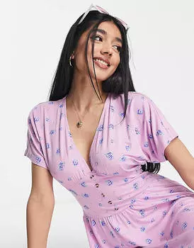 Сиреневое чайное платье мини с пуговицами и талией ASOS DESIGN