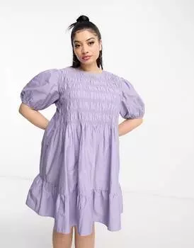 Сиреневое хлопковое платье мини со сборками и пышными рукавами ASOS DESIGN Curve ASOS Curve