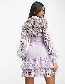 Сиреневое кружевное мини-платье с воротником и многоярусной юбкой ASOS DESIGN