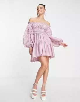 Сиреневое мини-платье с открытыми плечами и рюшами ASOS DESIGN