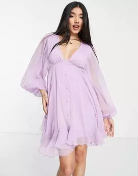 Сиреневое мини-платье с пуговицами и объемными рукавами ASOS DESIGN