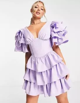 Сиреневое мини-платье с рюшами на рукавах и корсетом с рюшами ASOS LUXE