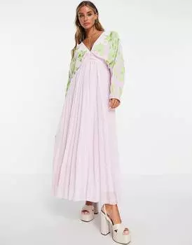 Сиреневое платье макси со складками и зеленой вышивкой ASOS DESIGN