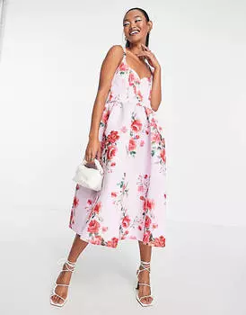 Сиреневое платье миди для выпускного с цветочным корсетом ASOS DESIGN