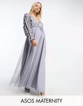 Сиреневое платье миди с тюлевой юбкой и цветочным декором ASOS DESIGN Maternity