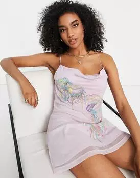 Сиреневое платье мини на бретельках с вышивкой бабочкой ASOS DESIGN