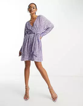 Сиреневое платье мини с поясом и пайетками ASOS DESIGN