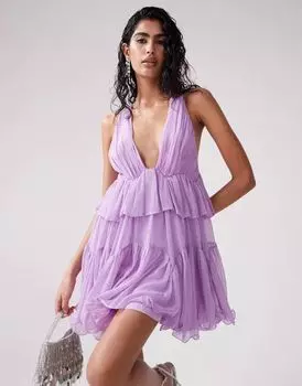Сиреневое платье мини со складками и глубоким вырезом ASOS