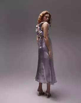 Сиреневое платье с бретельками длиной до икры Topshop с оборками и перекрещивающейся деталью на спине