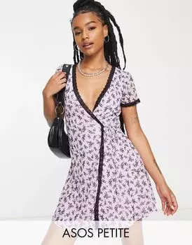 Сиреневое сетчатое платье мини с запахом и кружевной отделкой ASOS DESIGN Petite