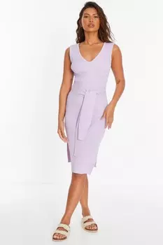 Сиреневое трикотажное облегающее платье миди с завязывающимся поясом QUIZ Clothing