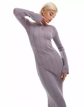 Сиреневое трикотажное приталенное платье макси с длинными рукавами Monki