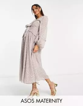 Сиреневое жаккардовое атласное платье миди в горошек с завязками ASOS DESIGN Maternity