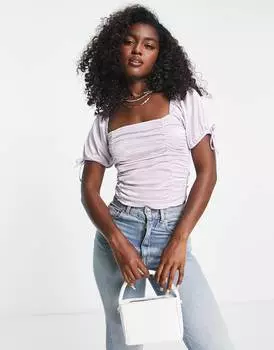 Сиреневый атласный топ с объемными рукавами и сборками спереди ASOS DESIGN