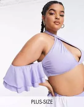 Сиреневый бикини-топ с перекрестным вырезом и рукавами и оборками ASOS LUXE Curve