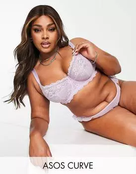 Сиреневый бюстгальтер с оборками и кружевом и сеткой ASOS DESIGN Curve Ellie