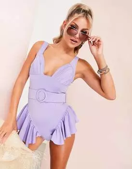 Сиреневый купальник с завышенной талией и поясом ASOS LUXE