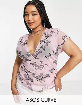 Сиреневый сетчатый топ с принтом бабочки ASOS DESIGN Curve