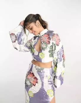 Сиреневый топ с длинными рукавами и цветочным узором ASOS